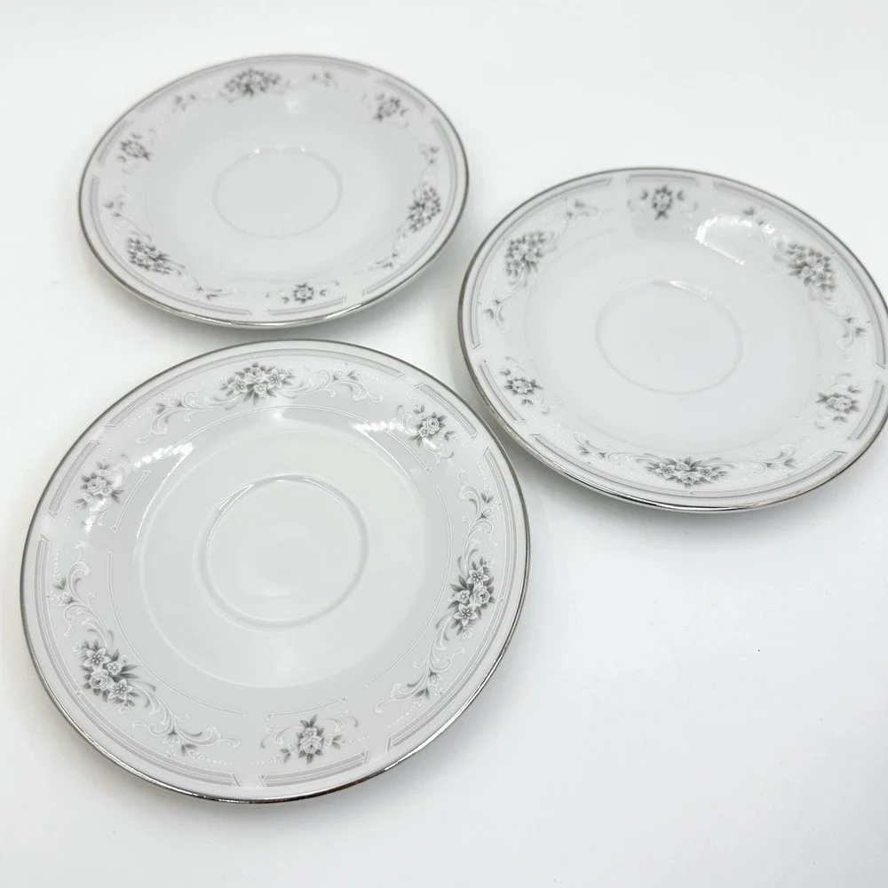 Nitto Cotillion S74 Saucers Set 3 White Grey Floral Platinum Trim Japan Vintage